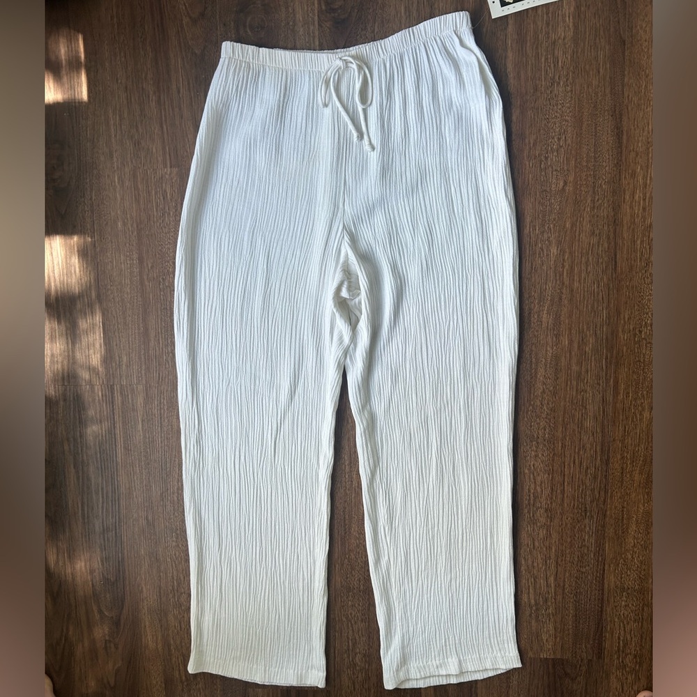 NWT VTG 90s Deadstock Ivory Crinkle Breezy Wide Leg Pull On Pants Resort Beach M - Picture 7 of 13